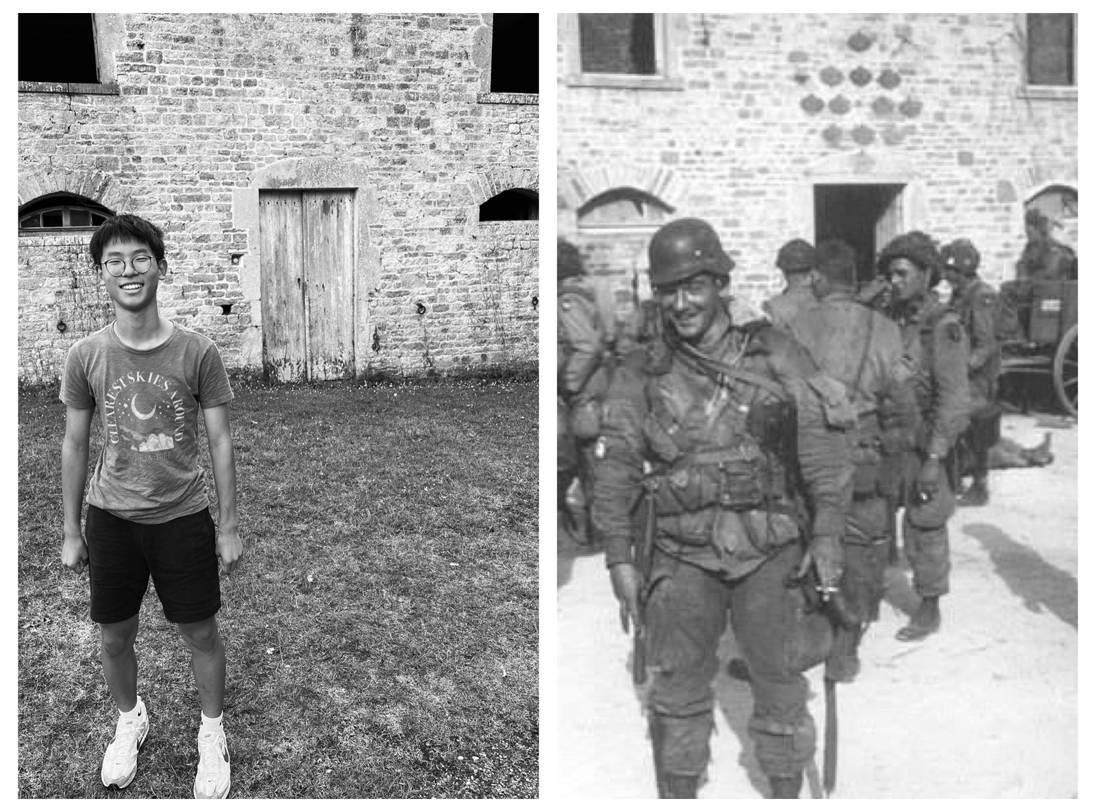 Side by side, in black and white: Ethan smiling in front of a stone farmhouse wall in Normandy, and a wartime photograph of American paratroopers in front of the same wall
