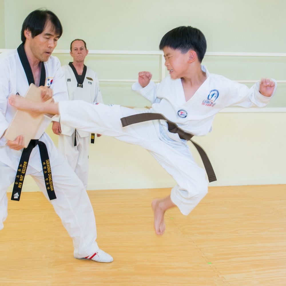 Ethan in a brown belt jumping into a side kick that breaks a board held by his master