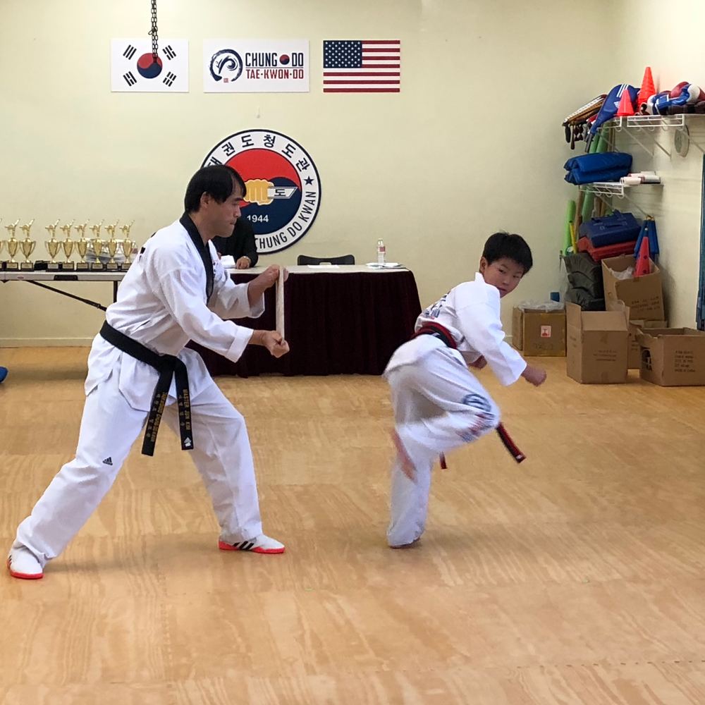 Ethan in a red-and-black belt spinning into a kick toward a board held by his master